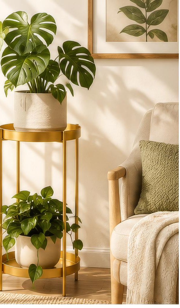 Modern Gold Plant Stand – 2-Tier Metal Plant Display Shelf
