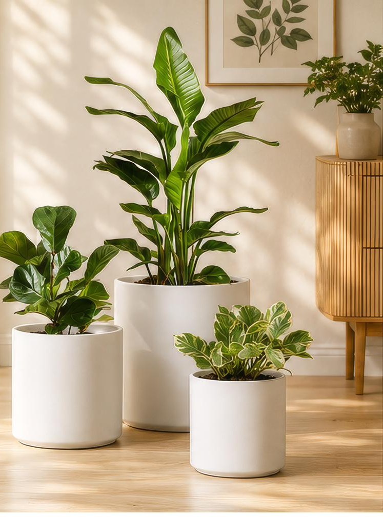 Modern White Ceramic Planters (Set of 3) – Indoor Plant Pots with Drainage