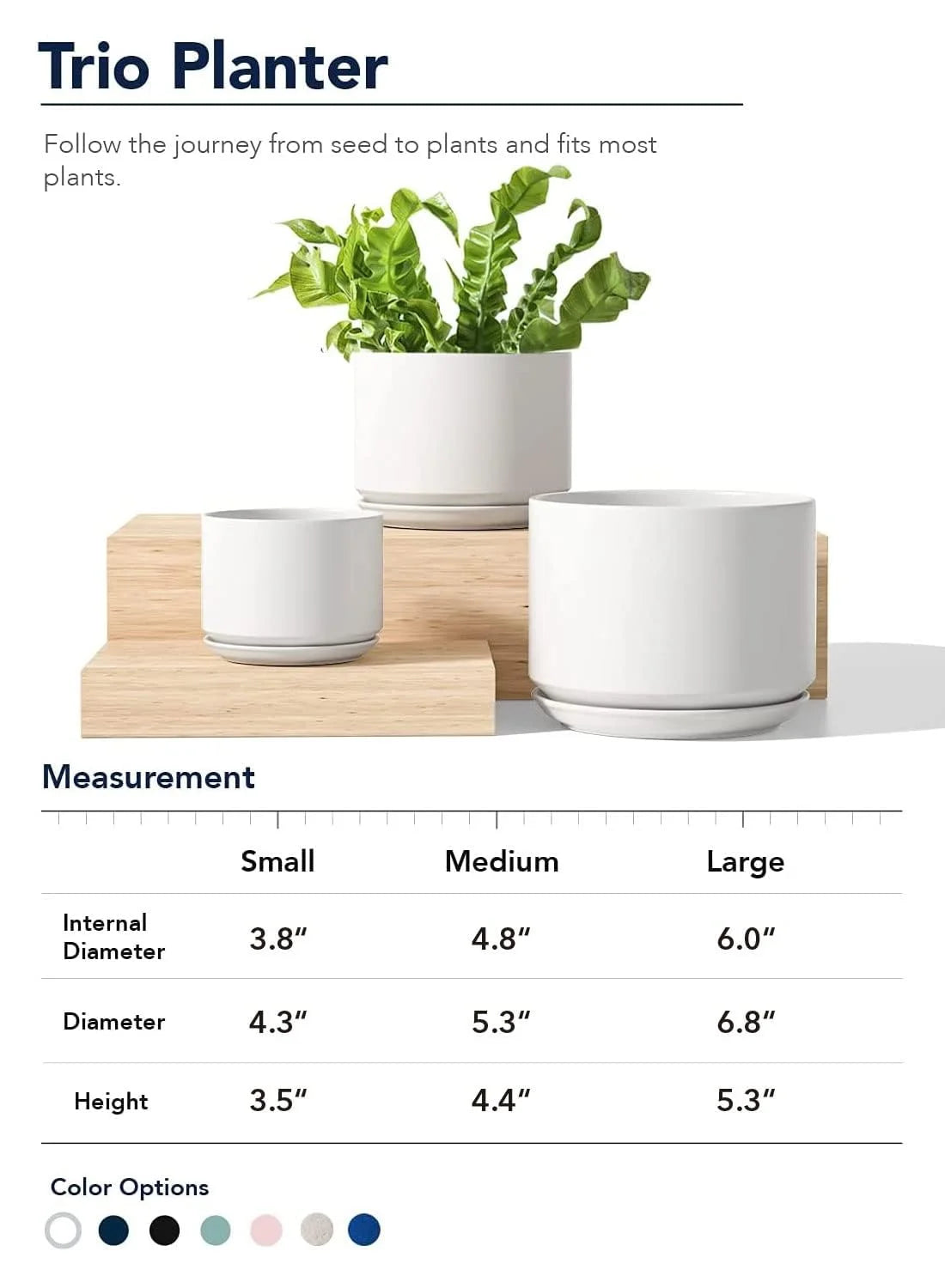 Set of 3 Ceramic Plant Pots (4.3", 5.3" & 6.8") with Drainage Holes and Saucers, Indoor Flower Pots & Modern Planters for Houseplants, Succulents & Small Plants Indoor Planter