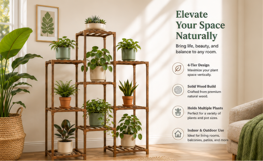 Boho Wooden Plant Stand – 4-Tier Indoor Display Shelf