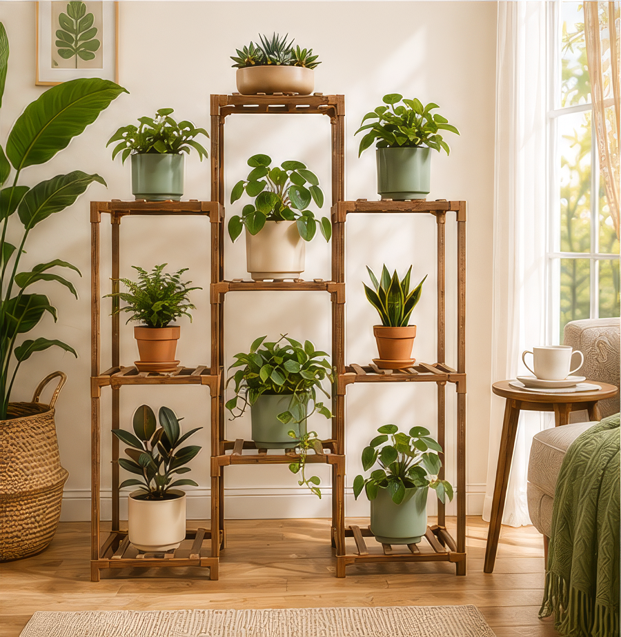 Boho Wooden Plant Stand – 4-Tier Indoor Display Shelf