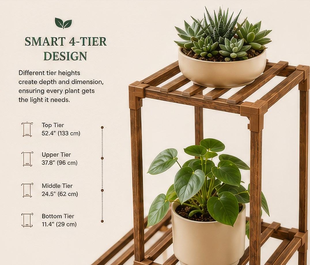 Boho Wooden Plant Stand – 4-Tier Indoor Display Shelf