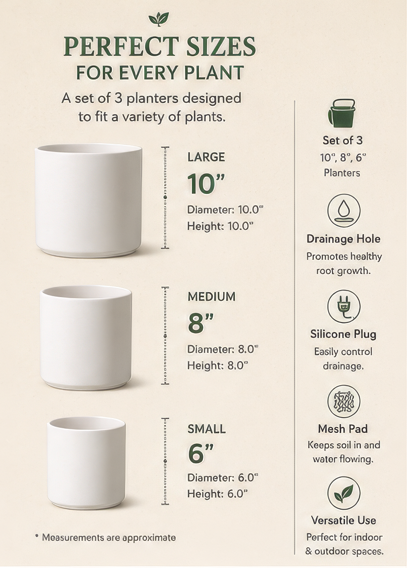 Modern White Ceramic Planters (Set of 3) – Indoor Plant Pots with Drainage