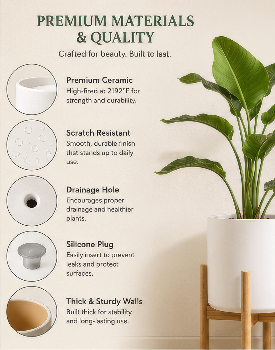 Modern White Ceramic Planters (Set of 3) – Indoor Plant Pots with Drainage