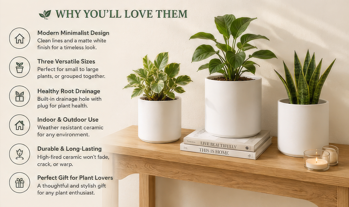 Modern White Ceramic Planters (Set of 3) – Indoor Plant Pots with Drainage