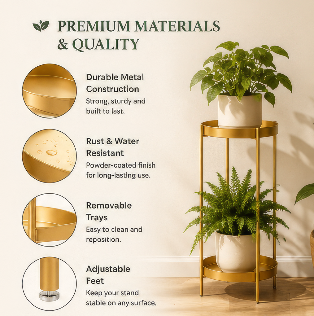Modern Gold Plant Stand – 2-Tier Metal Plant Display Shelf