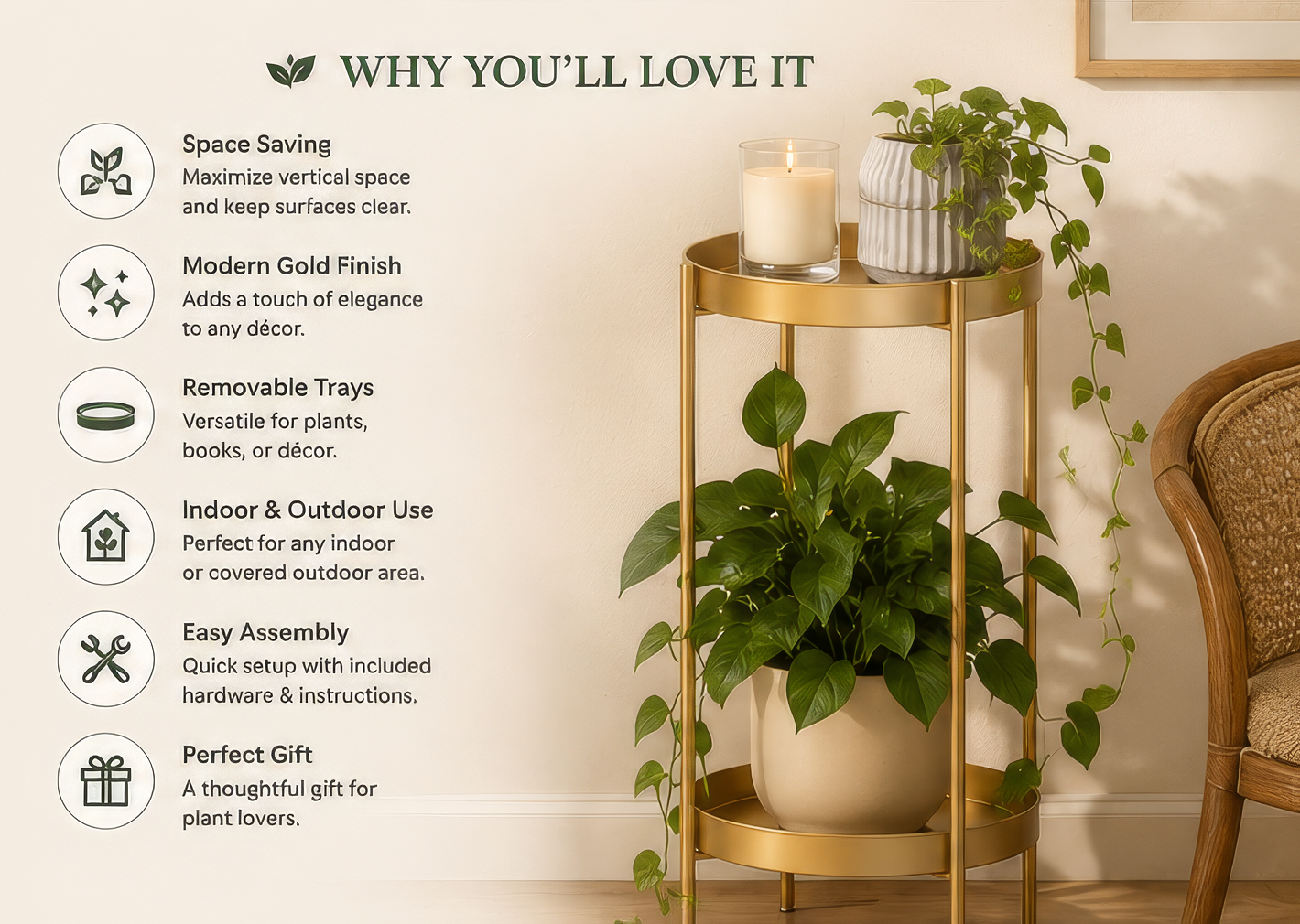 Modern Gold Plant Stand – 2-Tier Metal Plant Display Shelf