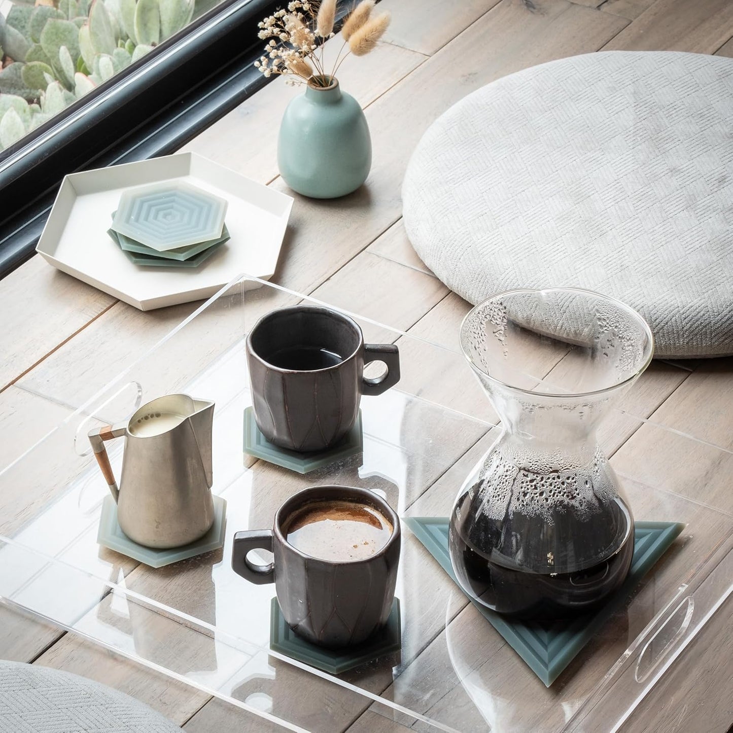 Silicone Coasters (Set of 6) | Waterproof, Anti-Stain, Dishwasher-Safe, Outdoor, Mid-Century Modern, MCM, Patio, Rubber, Hexagon, Aesthetic, Baby-Safe
