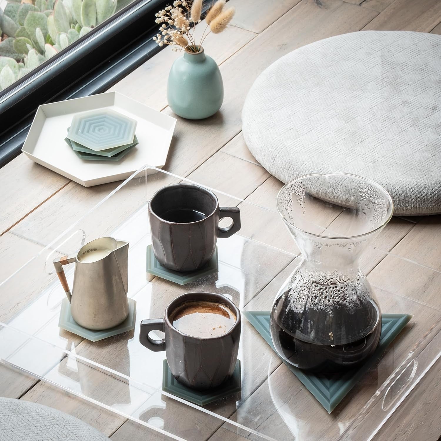 Silicone Coasters (Set of 6) | Waterproof, Anti-Stain, Dishwasher-Safe, Outdoor, Mid-Century Modern, MCM, Patio, Rubber, Hexagon, Aesthetic, Baby-Safe