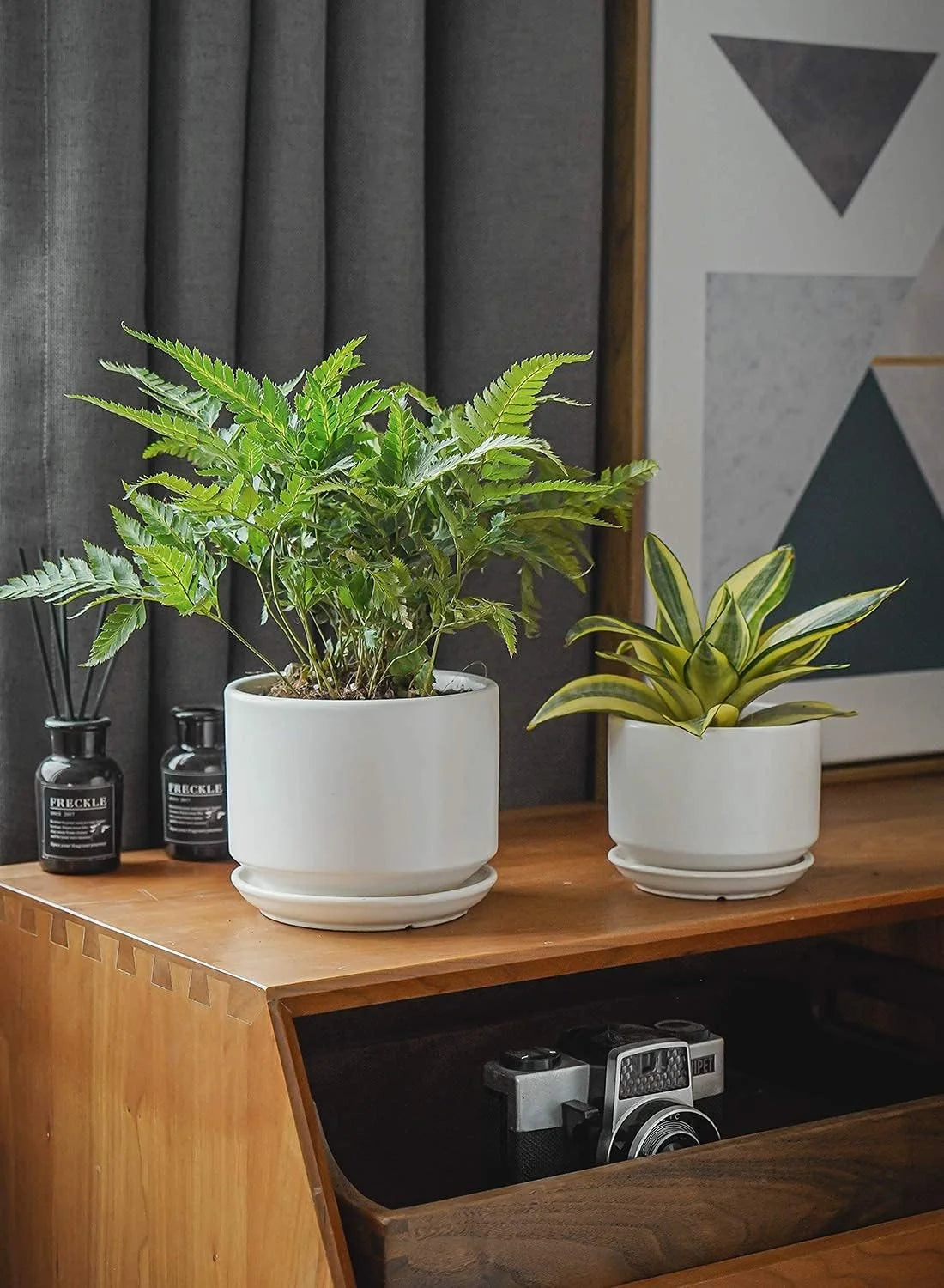 Set of 3 Ceramic Plant Pots (4.3", 5.3" & 6.8") with Drainage Holes and Saucers, Indoor Flower Pots & Modern Planters for Houseplants, Succulents & Small Plants Indoor Planter