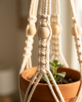 Close-up detail of macrame knots and wooden beads on the plant hanger
