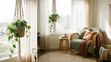 Macrame plant hanger by a sunlit window in a cozy reading nook