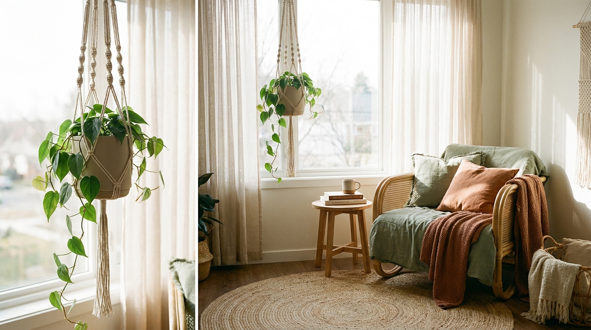 Macrame plant hanger by a sunlit window in a cozy reading nook