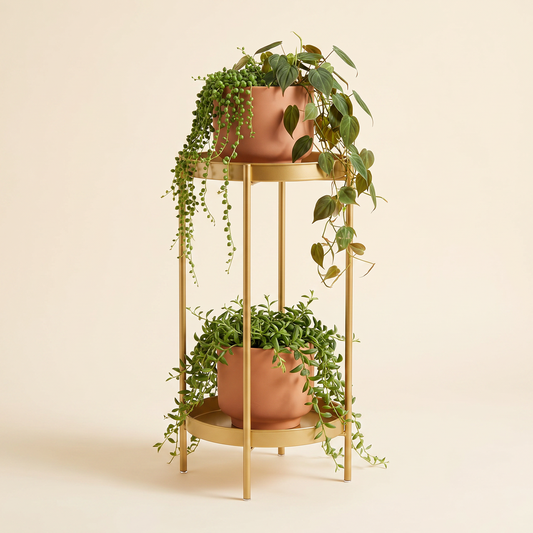 Modern 2-tier gold metal plant stand with terracotta ceramic pots and trailing plants, studio shot