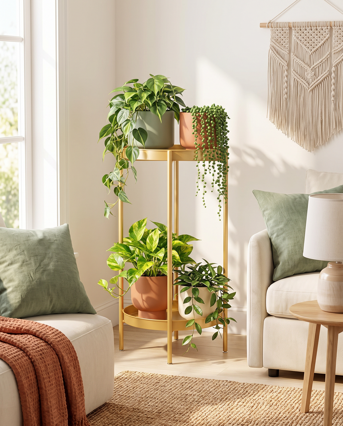 Gold metal plant stand styled in a bright modern living room corner with lush trailing plants