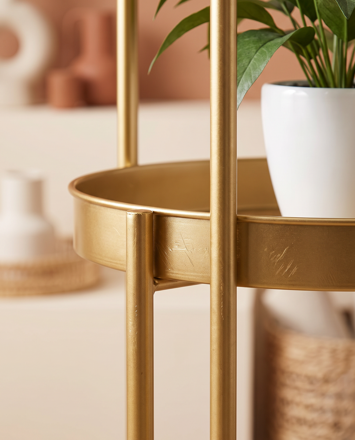 Close-up detail of the metal frame and round tray on the plant stand