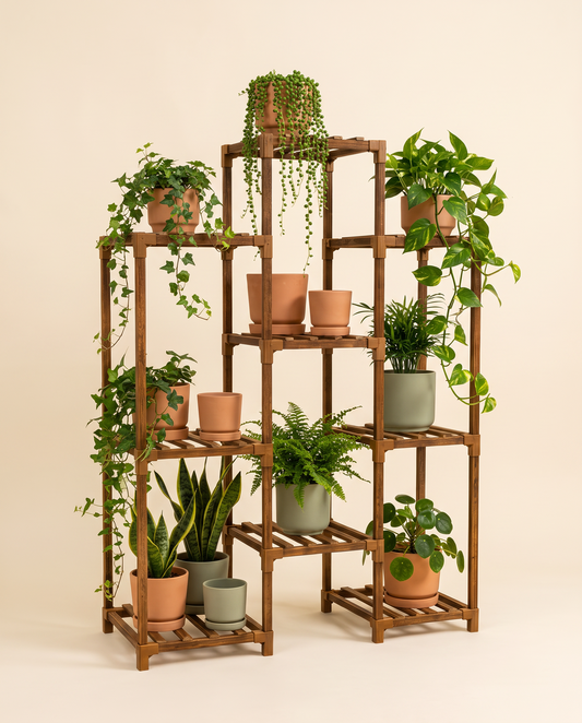 4-tier wooden boho plant stand with terracotta and sage ceramic pots, studio shot