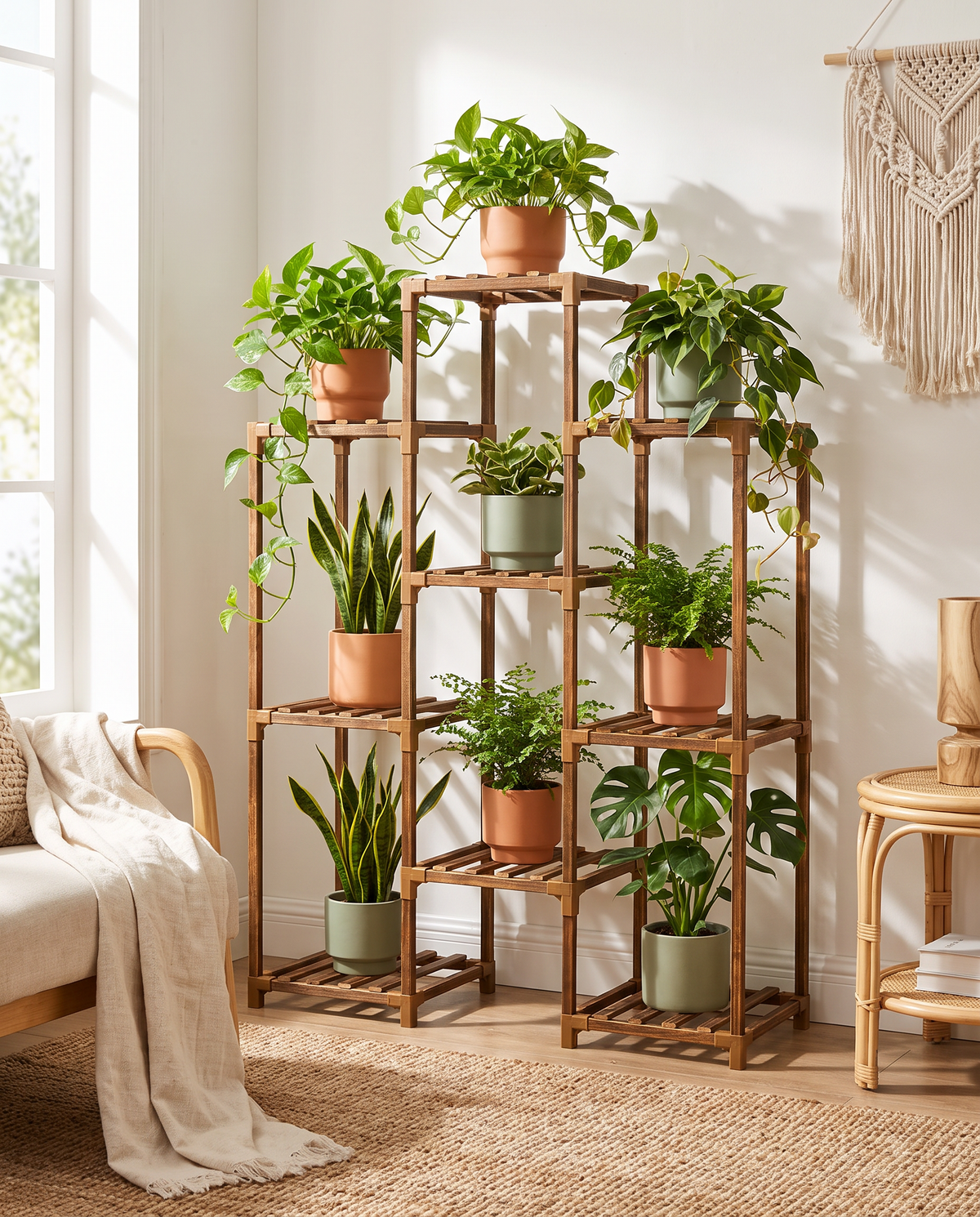 4-tier wooden boho plant stand styled in a bright living room corner with mixed plants
